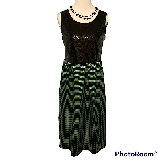 NWT Kersh by ModCloth Black & Green Sequin Striped Formal Cocktail Dress Large - Picture 1 of 15